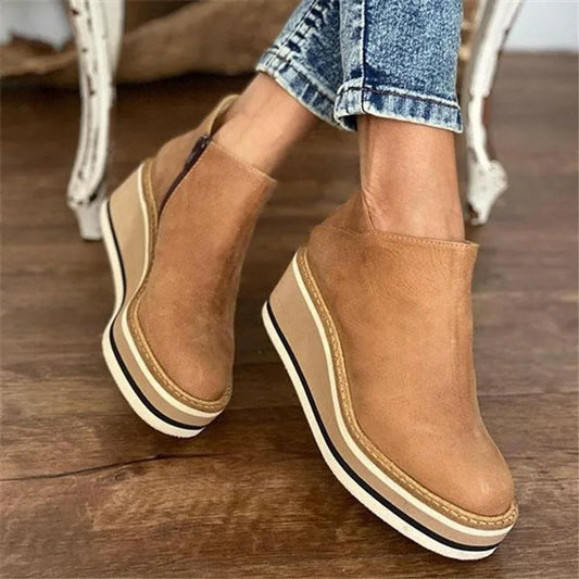 Cora Women's Ankle Boots with Stacked Wedge Heel and Side Zipper in Brown 0