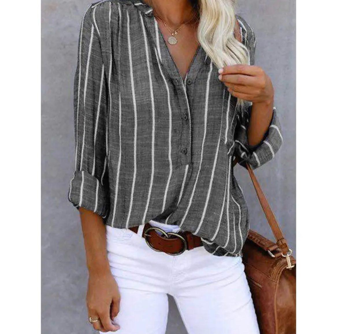 Cora Women’s Blouse with Classic Striped Pattern and Roll-Up Sleeves 2