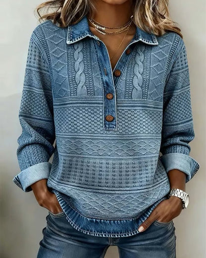 Cora Women’s Sweatshirt with Denim Collar and Half-Button Placket 0