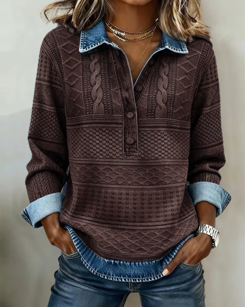 Cora Women’s Sweatshirt with Denim Collar and Half-Button Placket 2