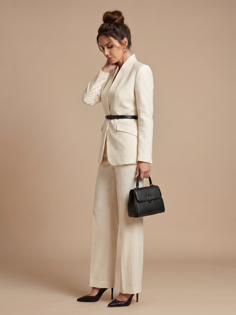 Delta Women's Suit with Structured Stand Collar and Flared Trousers 1