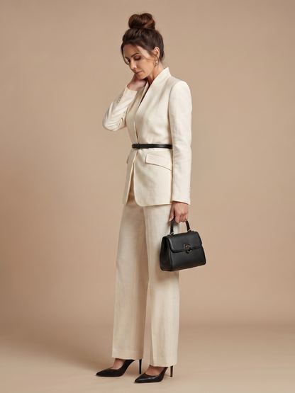 Delta Women's Suit with Structured Stand Collar and Flared Trousers 1