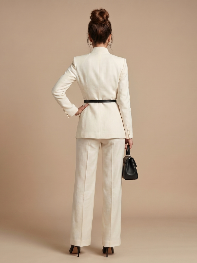Delta Women's Suit with Structured Stand Collar and Flared Trousers 3