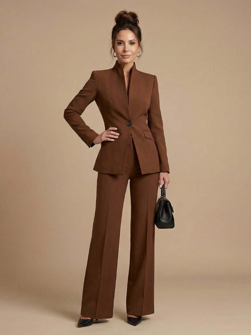 Delta Women's Suit with Structured Stand Collar and Flared Trousers 6