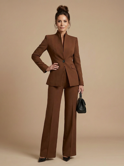 Delta Women's Suit with Structured Stand Collar and Flared Trousers 6