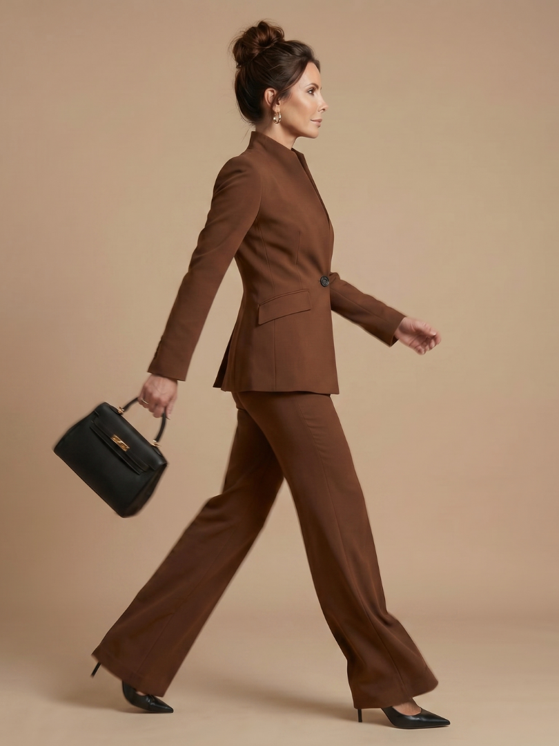 Delta Women's Suit with Structured Stand Collar and Flared Trousers 7