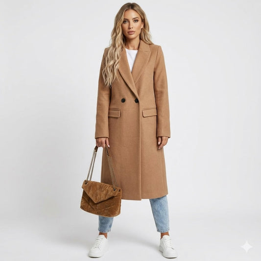 Elena Women's Long Coat | Wool Blend, Double-Breasted Tailored Fit 0