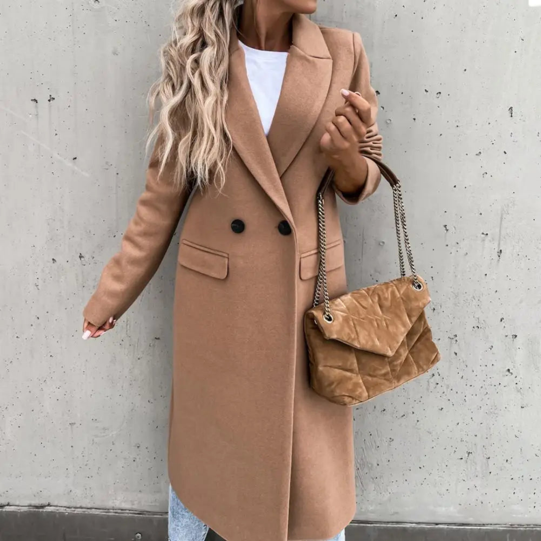 Elena Women's Long Coat | Wool Blend, Double-Breasted Tailored Fit 1