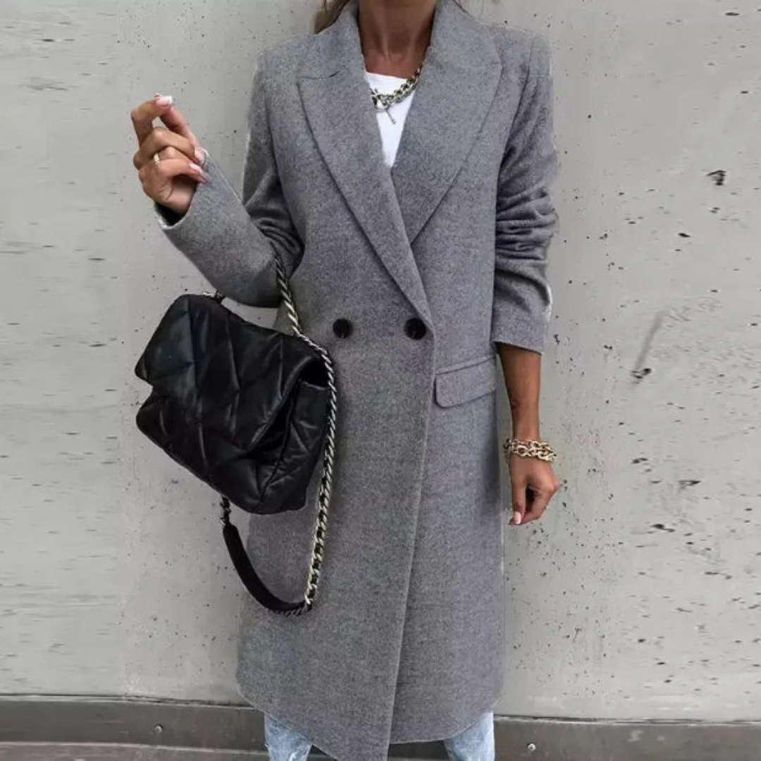 Elena Women's Long Coat | Wool Blend, Double-Breasted Tailored Fit 2