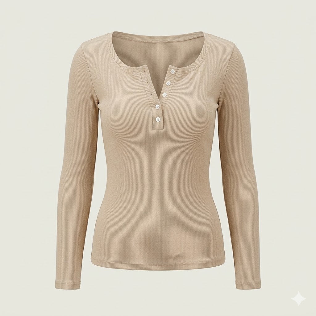 Elise Women’s Ribbed Long Sleeve Top with Button-Front Neckline and Flattering Stretch Fit 1