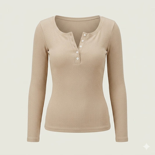 Elise Women’s Ribbed Long Sleeve Top with Button-Front Neckline and Flattering Stretch Fit 1