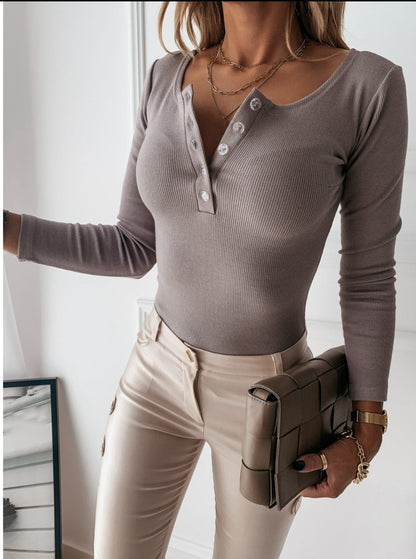 Elise Women’s Ribbed Long Sleeve Top with Button-Front Neckline and Flattering Stretch Fit 5