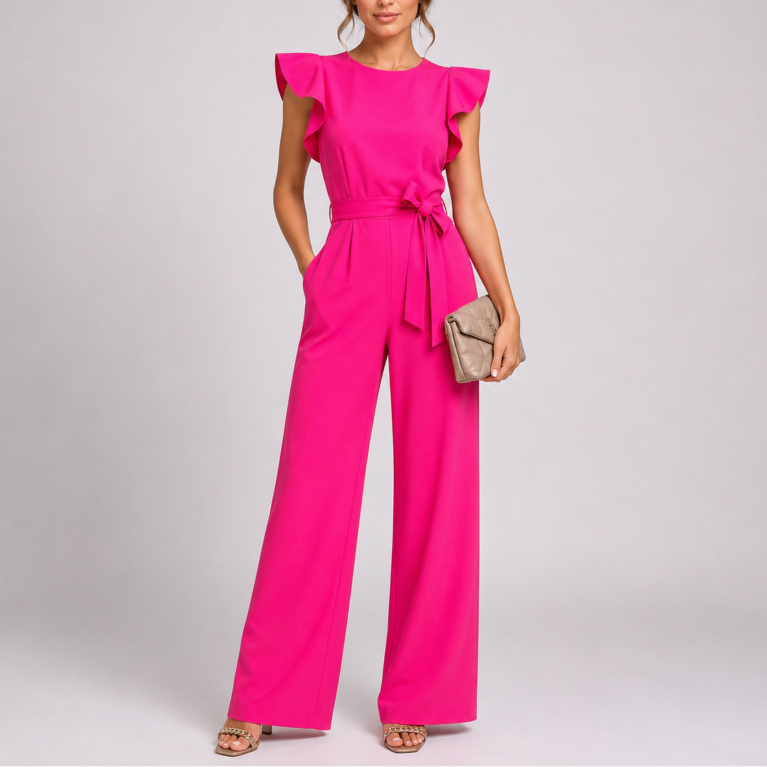 Elysia Women’s Jumpsuit with Wide-Leg Design, Ruffle Sleeves, and Adjustable Tie Waist 0