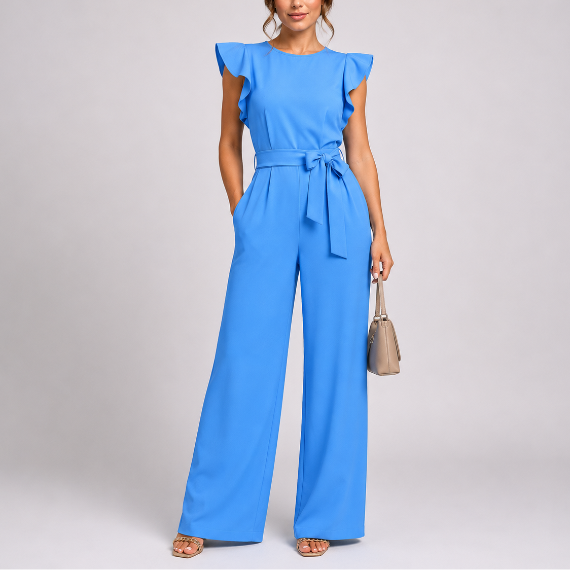 Elysia Women’s Jumpsuit with Wide-Leg Design, Ruffle Sleeves, and Adjustable Tie Waist 1