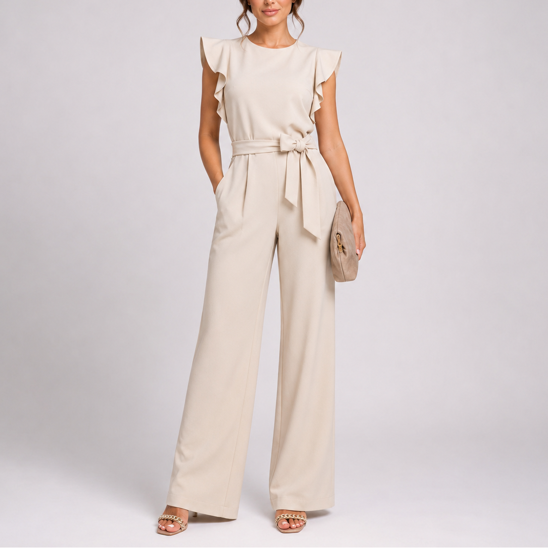 Elysia Women’s Jumpsuit with Wide-Leg Design, Ruffle Sleeves, and Adjustable Tie Waist 3