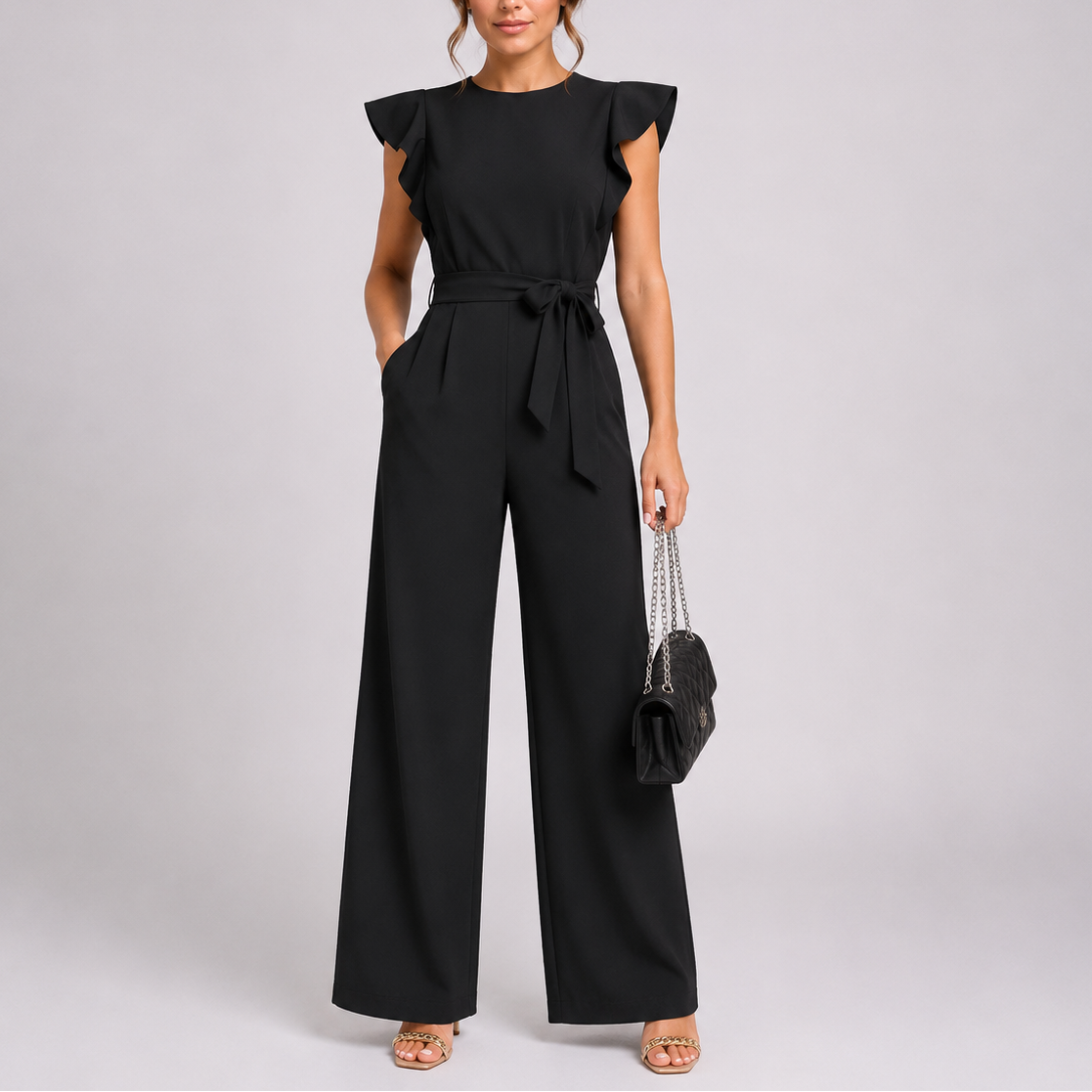 Elysia Women’s Jumpsuit with Wide-Leg Design, Ruffle Sleeves, and Adjustable Tie Waist 4