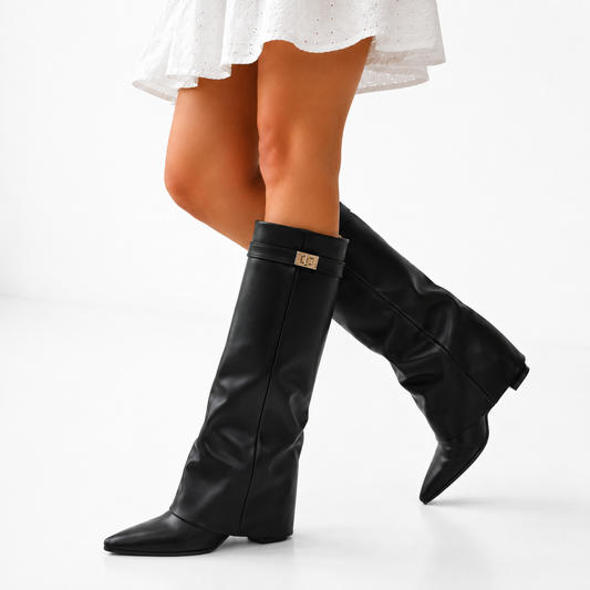 Elysia Women’s Knee-High Boots with Pointed Toe and Gold-Tone Accents 0