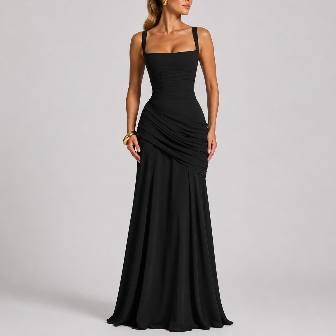 Elysia Women’s Maxi Dress with Ruched Waist and Square Neckline for Formal Events 0