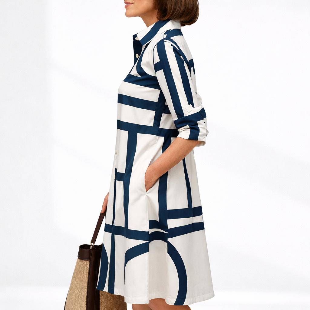 Elysia Women’s Midi Dress with Geometric Pattern and Button-Down Front 1
