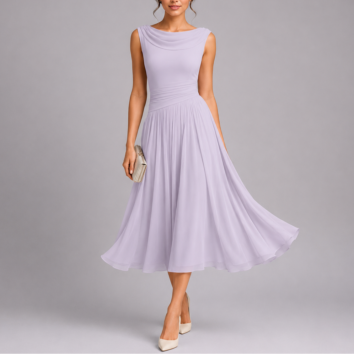Elysia Women’s Midi Dress with Pleated Skirt and Draped Neckline 0