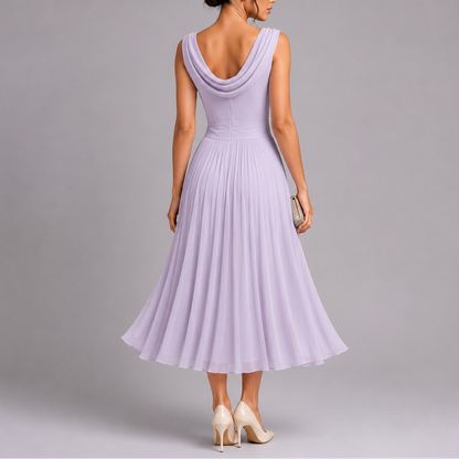 Elysia Women’s Midi Dress with Pleated Skirt and Draped Neckline 1