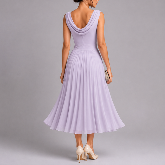 Elysia Women’s Midi Dress with Pleated Skirt and Draped Neckline 1