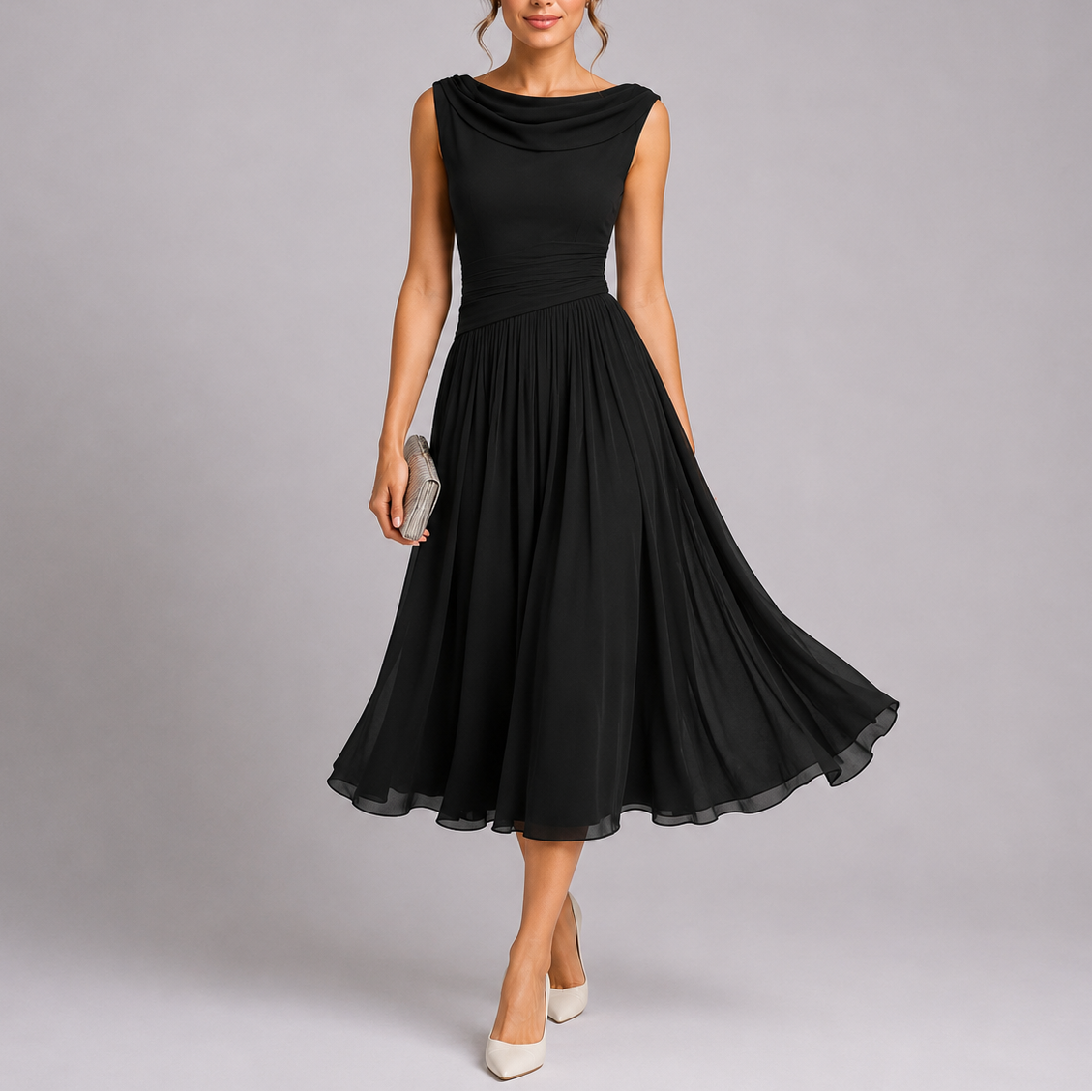Elysia Women’s Midi Dress with Pleated Skirt and Draped Neckline 2