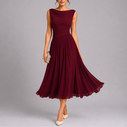 Elysia Women’s Midi Dress with Pleated Skirt and Draped Neckline 3