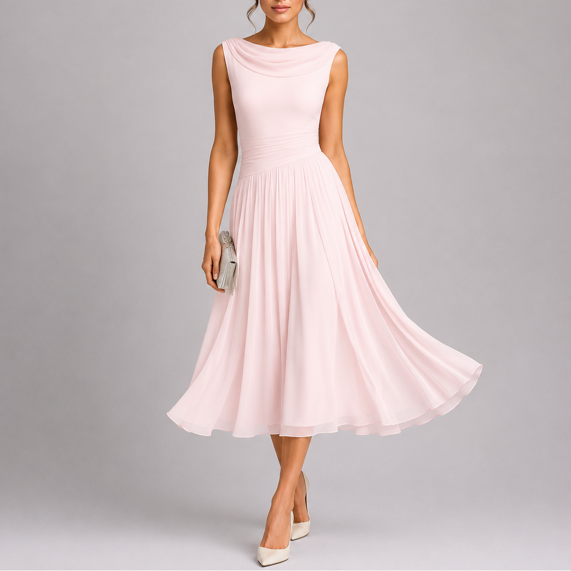 Elysia Women’s Midi Dress with Pleated Skirt and Draped Neckline 4