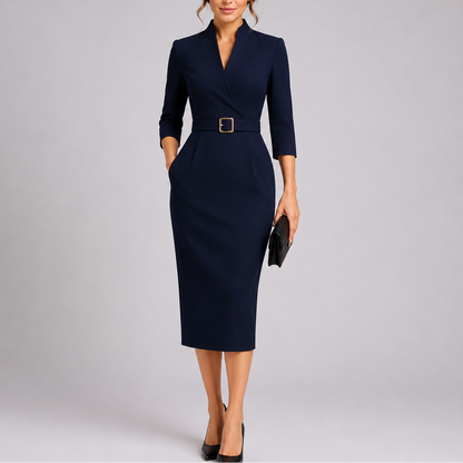 Elysia Women’s Midi Dress with V-Neckline and Long Sleeves 0