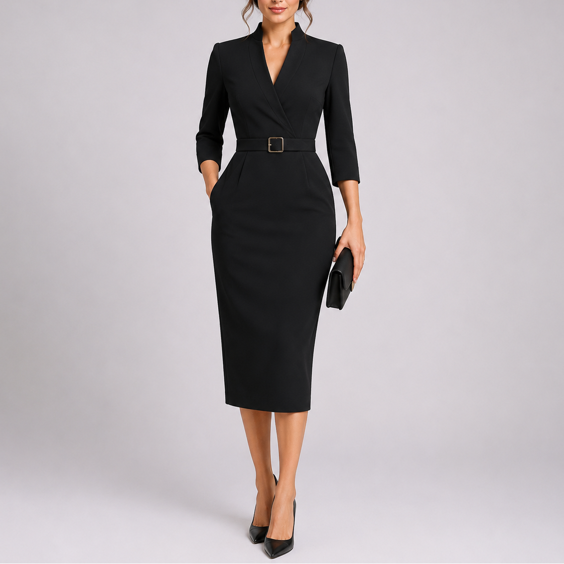 Elysia Women’s Midi Dress with V-Neckline and Long Sleeves 2