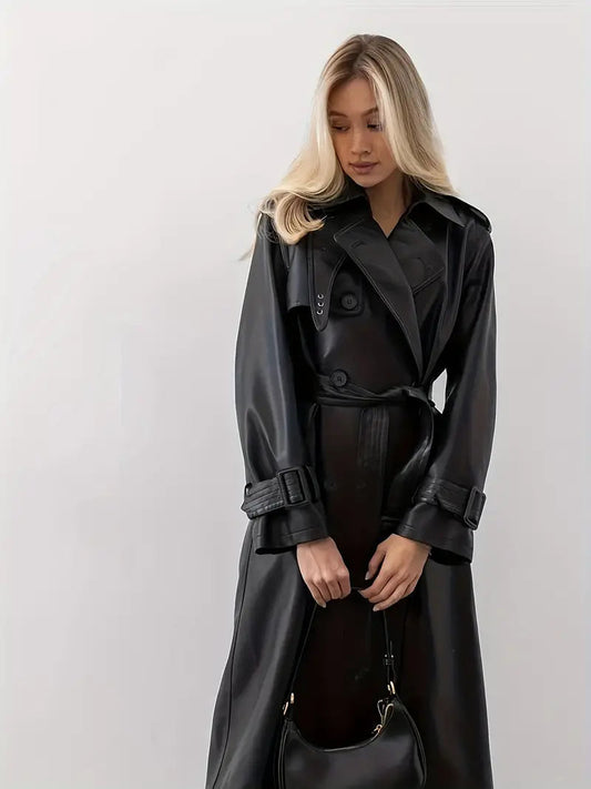 Evelyn Women's Faux Leather Trench Coat | Long Belted Design, Elegant Fit 1