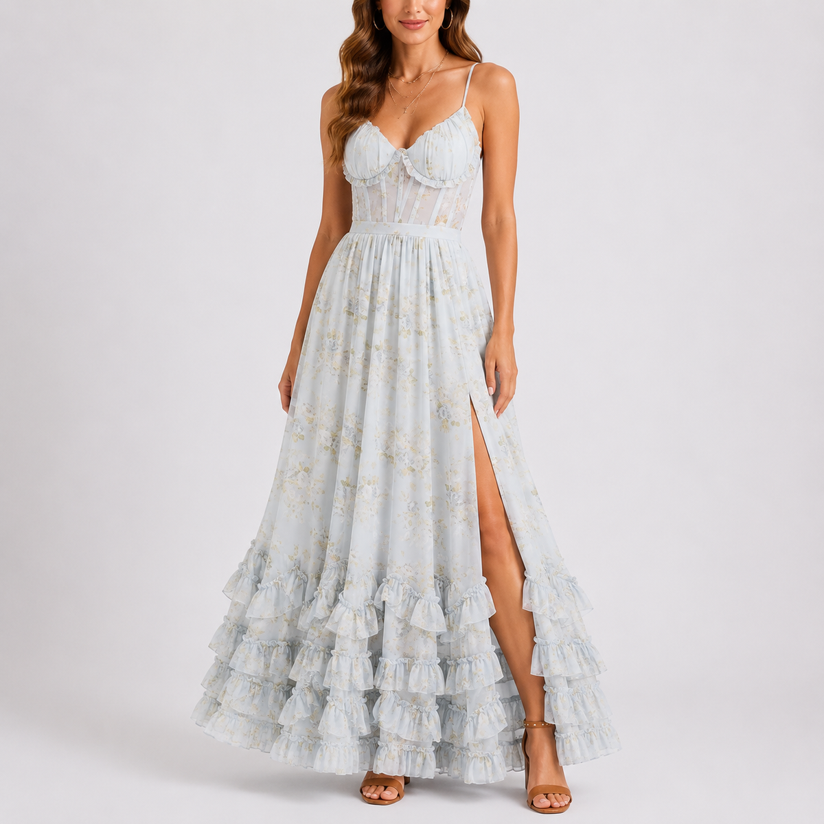 Flora Women’s Maxi Dress with Corset Bodice and Floral Print 0