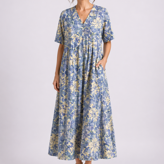 Flora Women’s Midi Dress with V-Neck and Floral Print for Summer Wear 0