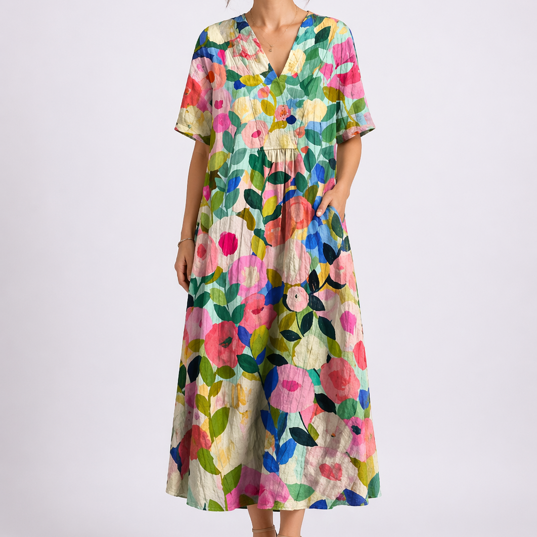 Flora Women’s Midi Dress with V-Neck and Floral Print for Summer Wear 1