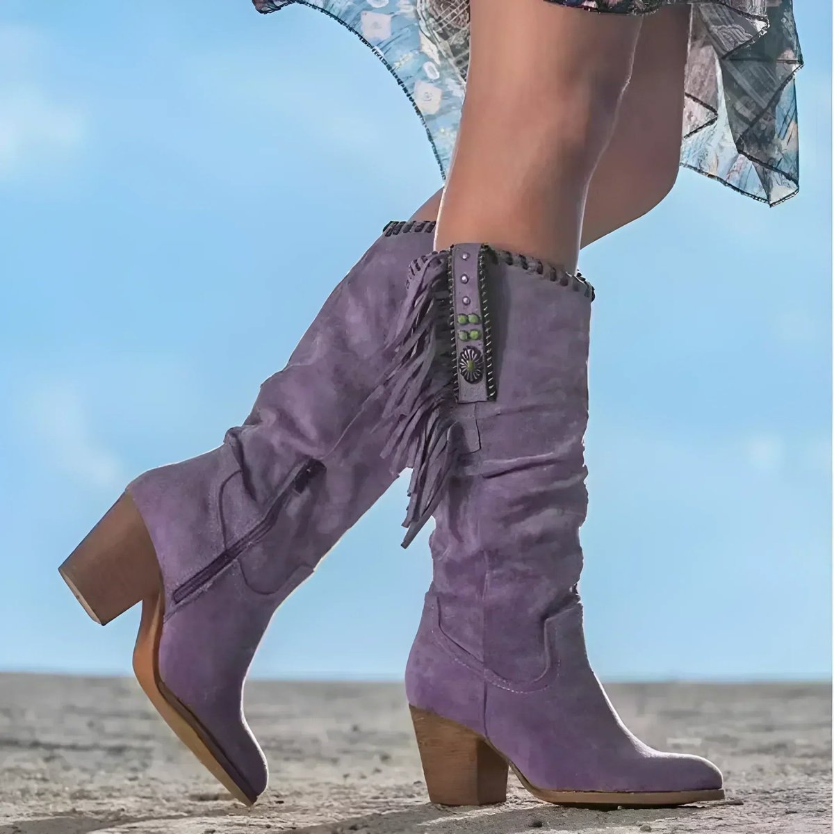 Frieda Women’s Knee High Boots with Suede Fringe and Block Heel 1