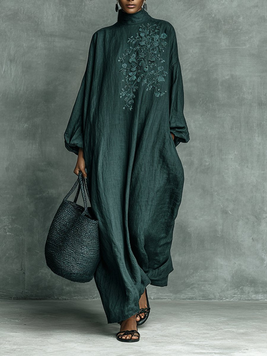 Gina Women’s Maxi Dress with Floral Embroidery and Stand-Up Collar 0