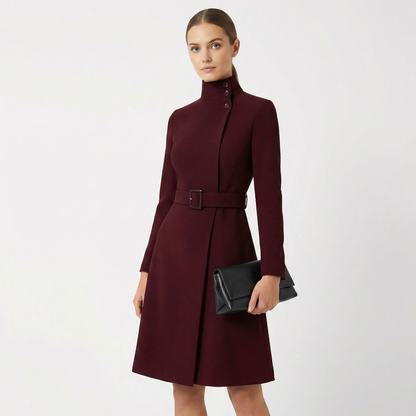 Gina Women’s Midi Dress with Structured High Neckline and Belted Waist 0