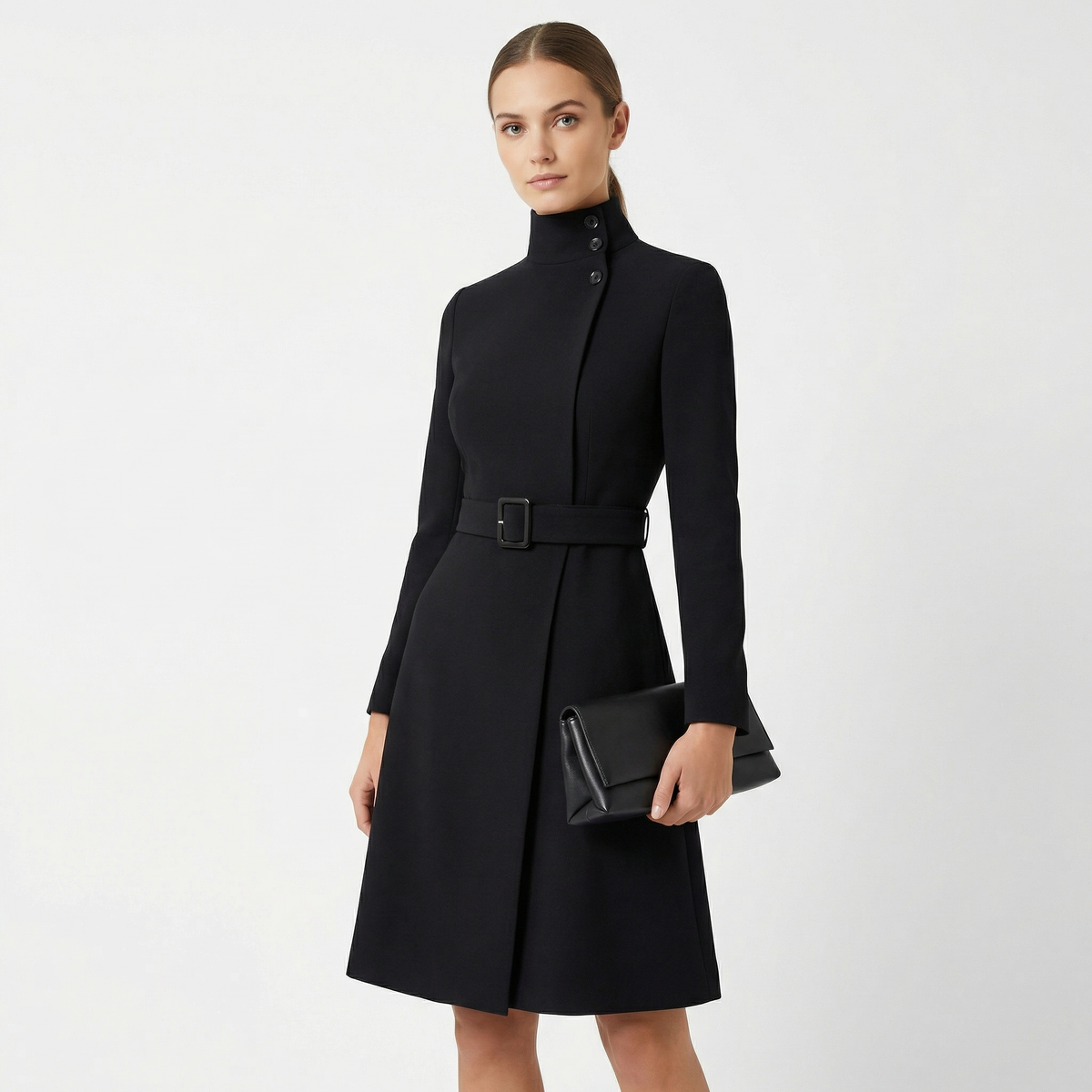 Gina Women’s Midi Dress with Structured High Neckline and Belted Waist 1