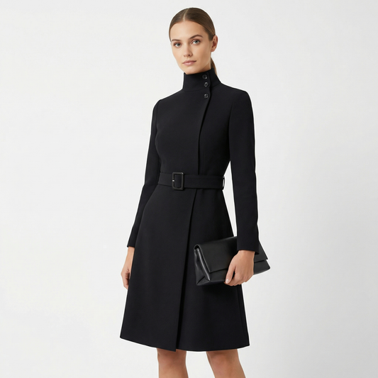 Gina Women’s Midi Dress with Structured High Neckline and Belted Waist 1