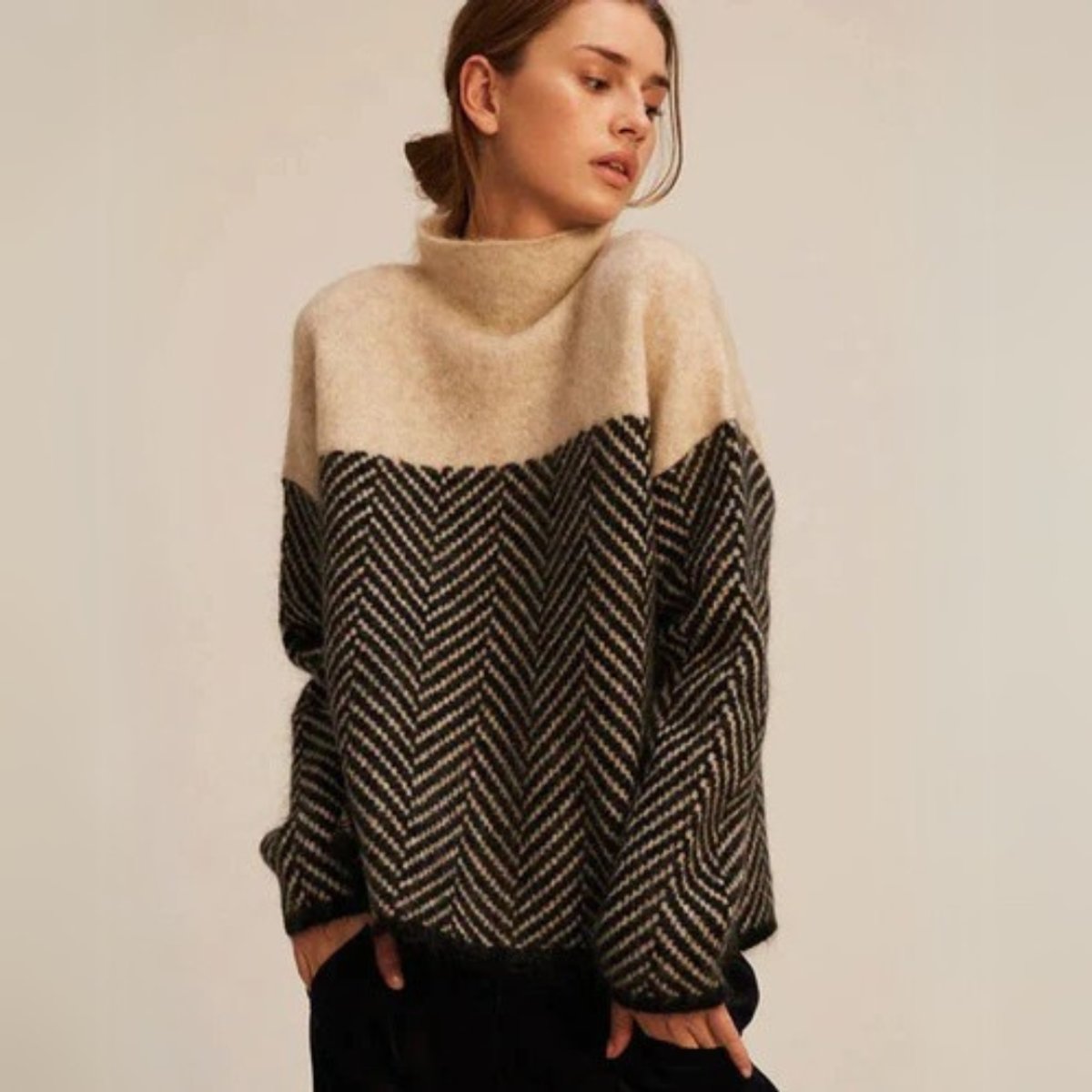Grove Women’s Oversized Sweater with Turtleneck and Herringbone Pattern 0