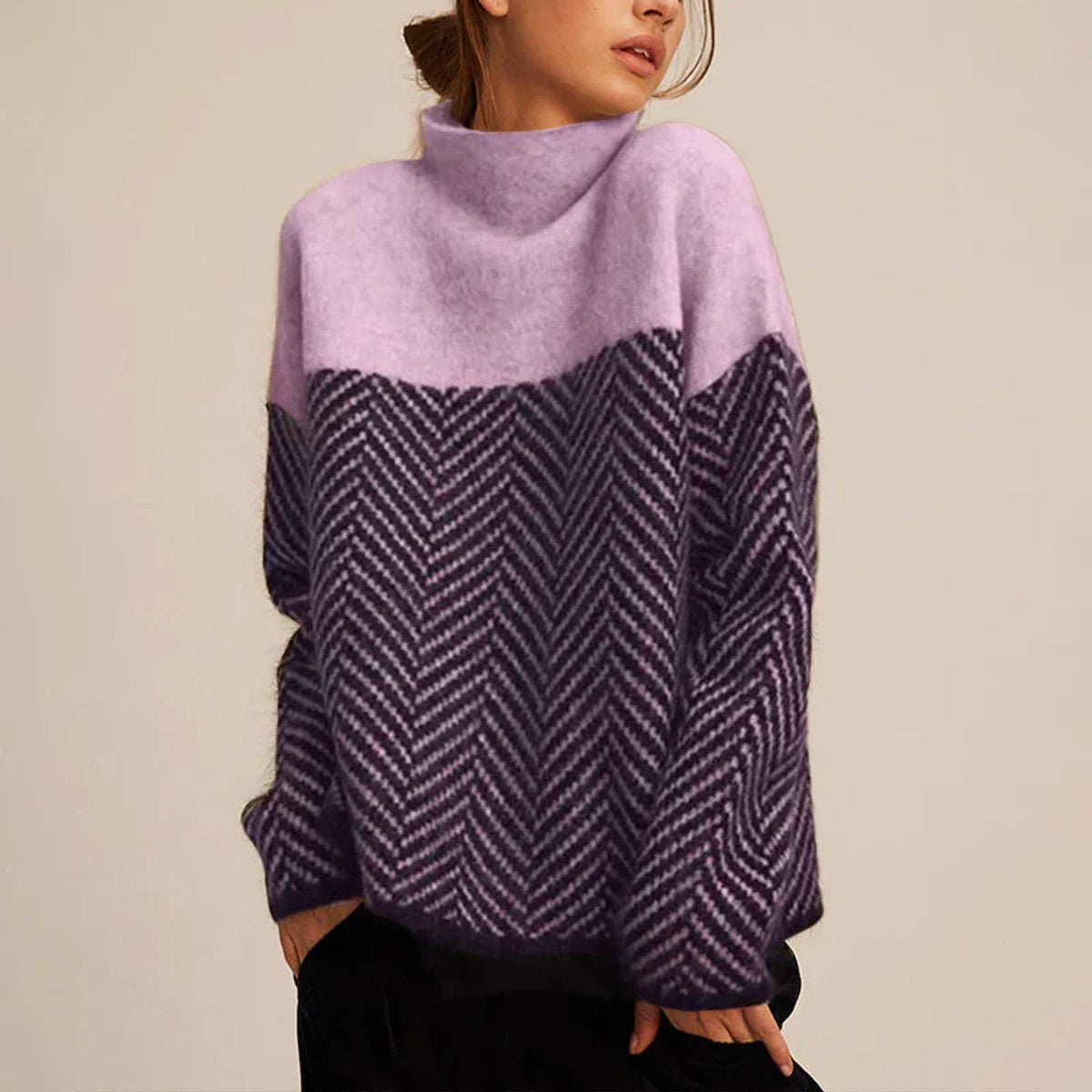 Grove Women’s Oversized Sweater with Turtleneck and Herringbone Pattern 2