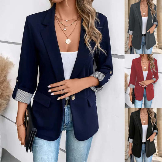 Hadley Women's Blazer | Open Front, Notch Lapel, Striped Cuff Detail 1