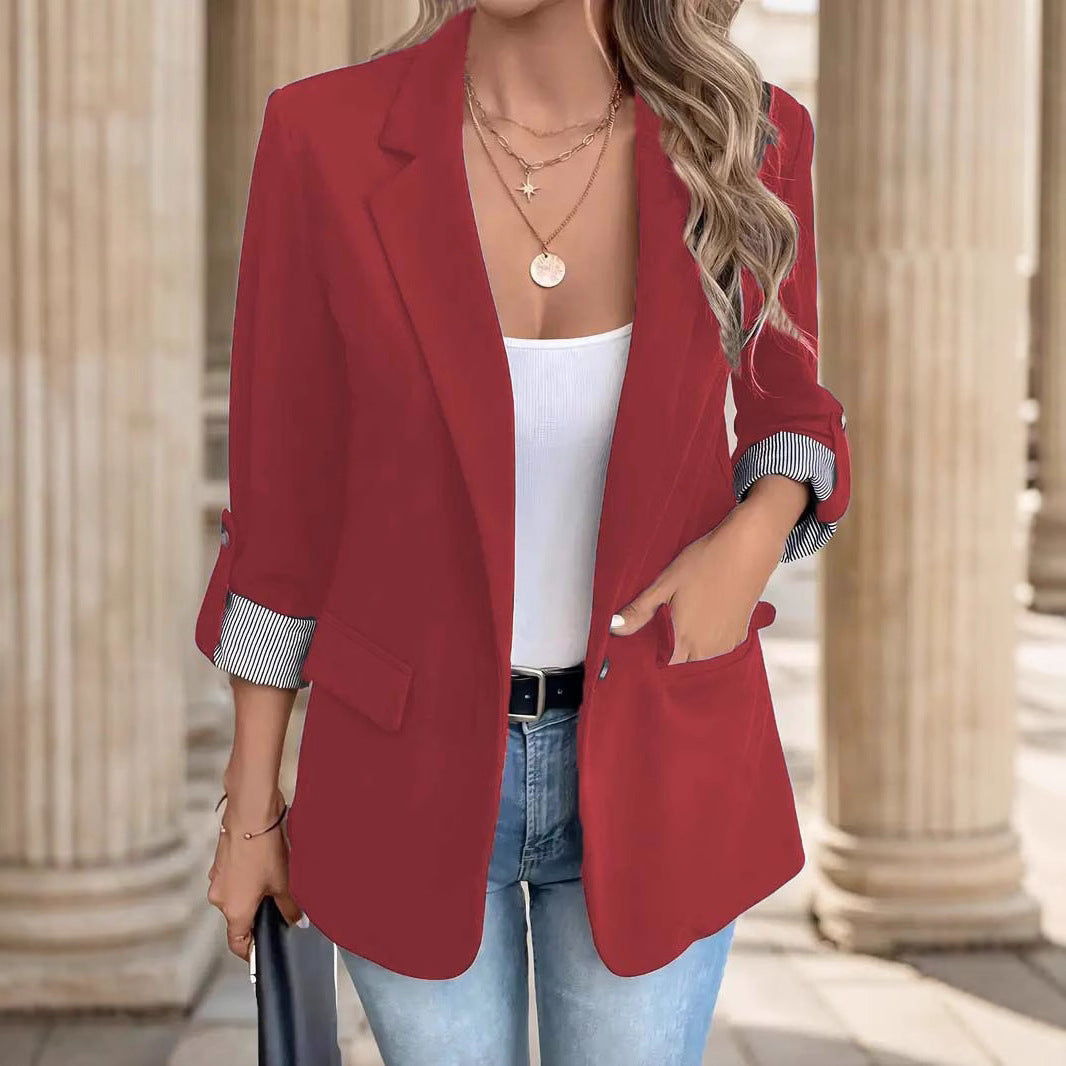 Hadley Women's Blazer | Open Front, Notch Lapel, Striped Cuff Detail 3