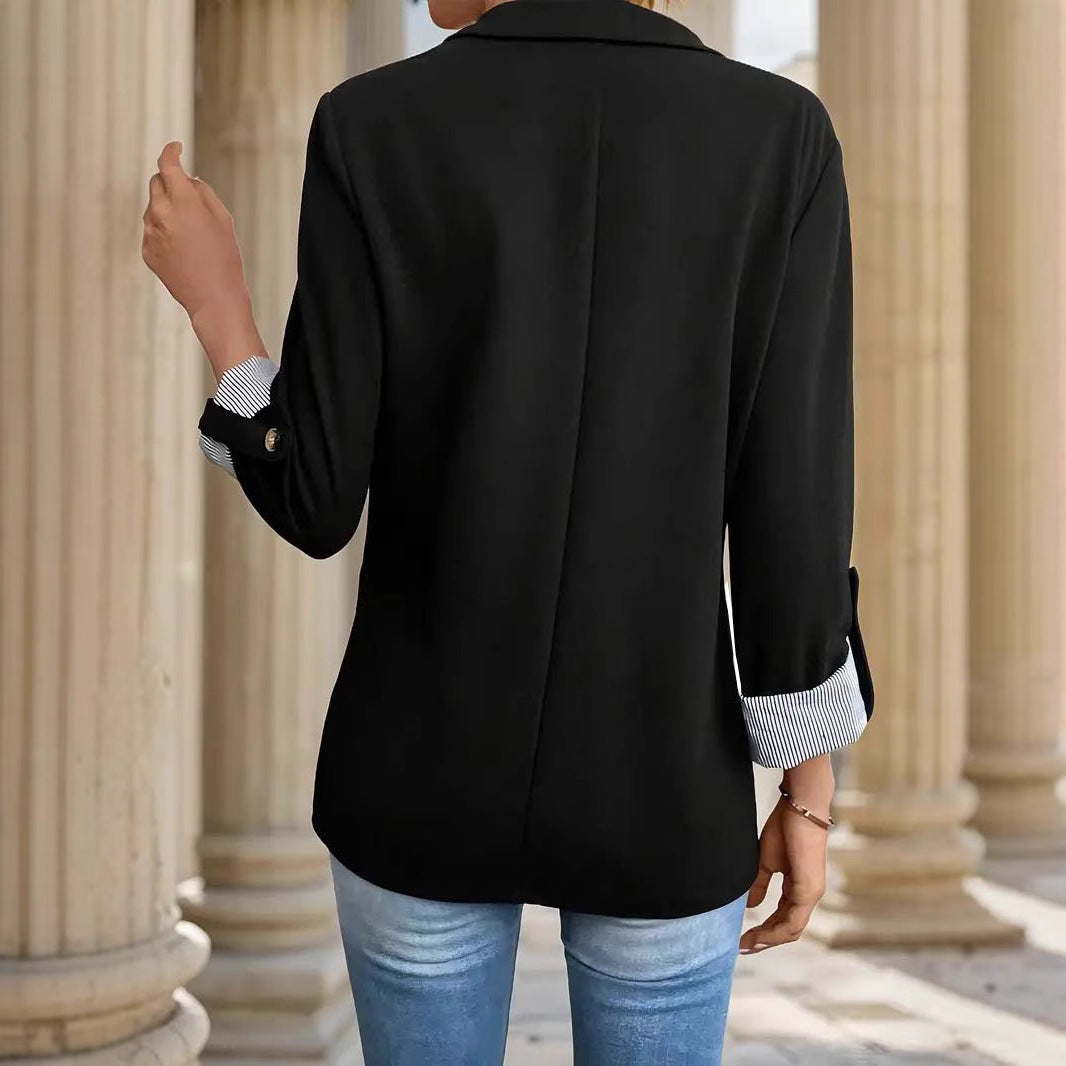 Hadley Women's Blazer | Open Front, Notch Lapel, Striped Cuff Detail 6