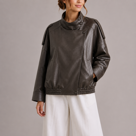 Haven Women's Bomber Jacket | Faux Leather High Collar Oversized 1