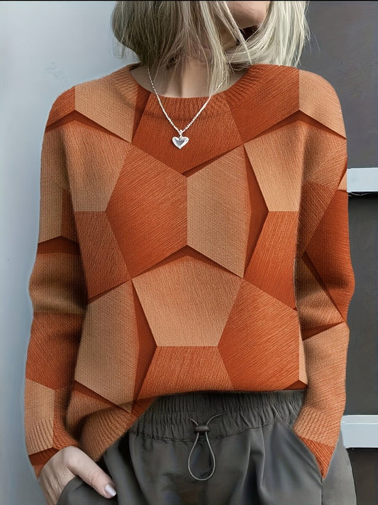 Haven Women's Sweater | Geometric 3D Pattern, Round Neck, Long Sleeve 0