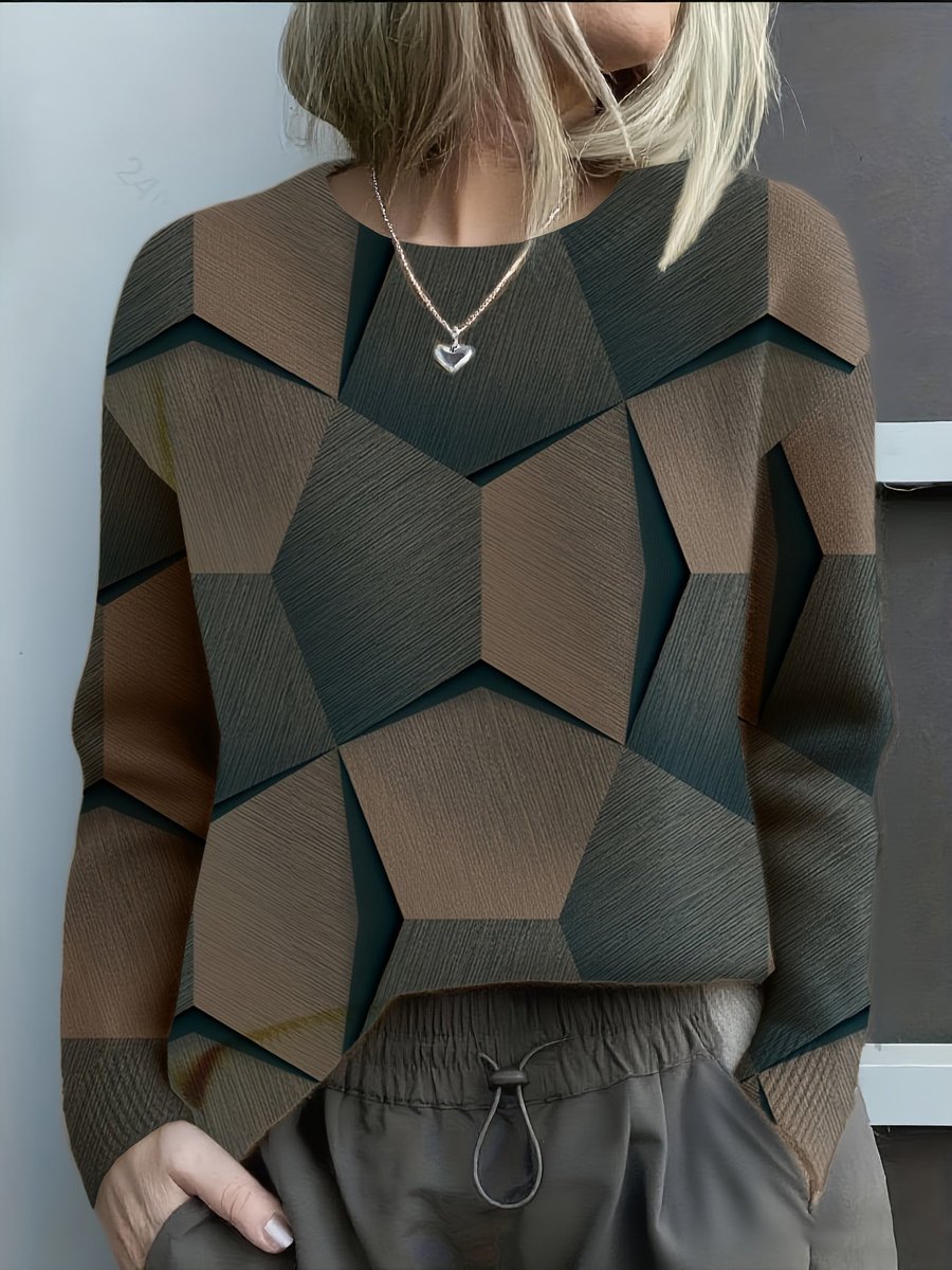 Haven Women's Sweater | Geometric 3D Pattern, Round Neck, Long Sleeve 4