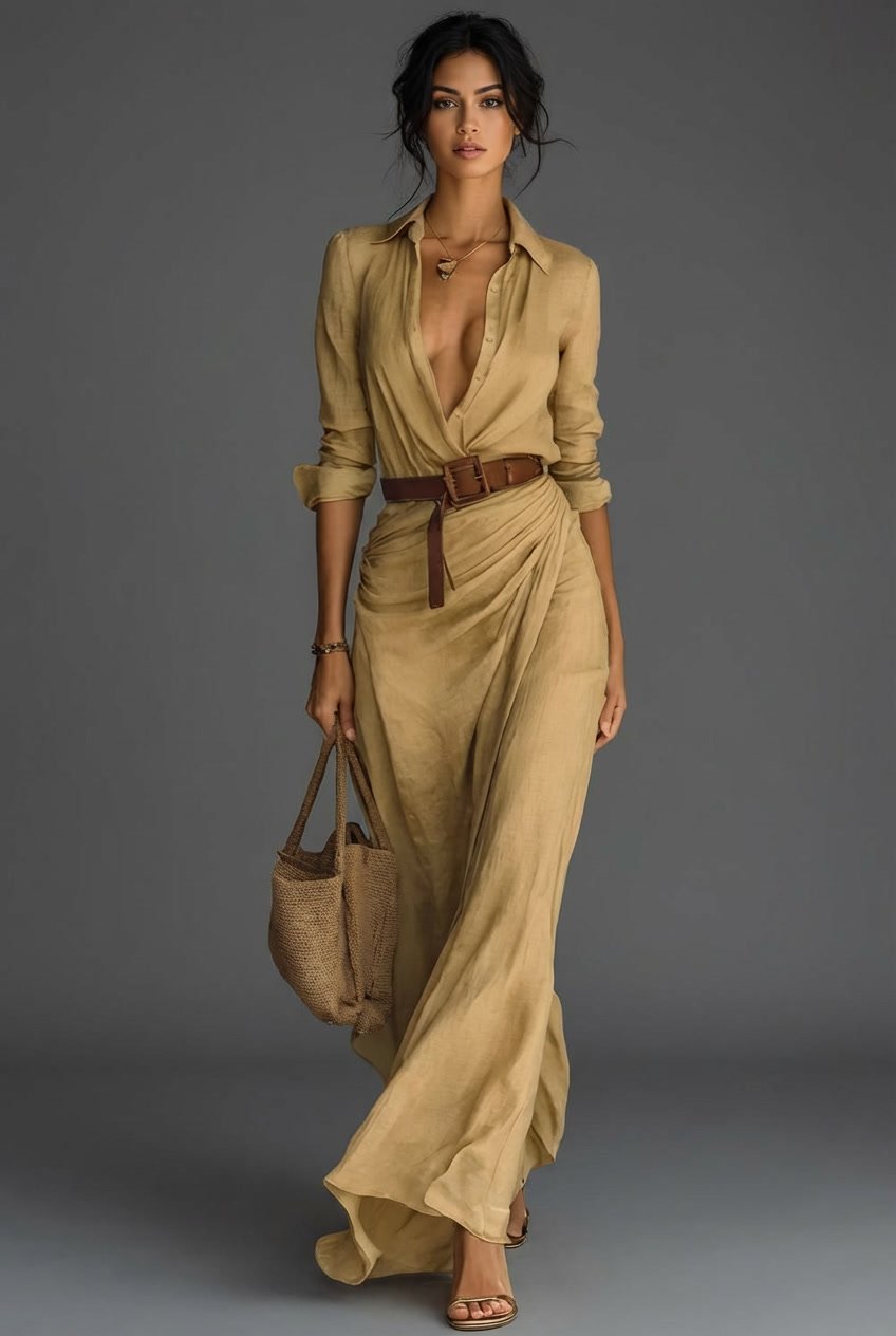 Joanna Women’s Maxi Dress with Wrap Design and Long Sleeves 0