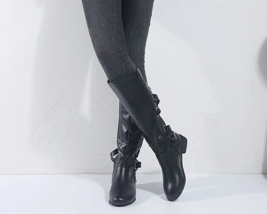 Kara Women’s Knee High Boots with Gold Buckle Accents and Low Block Heel 0